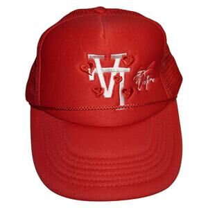 Loyal Origins Red Trucker Hat | Embroidered LV Hearts Mesh Snapback Cap